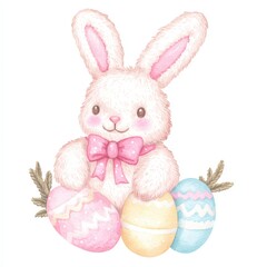 Obraz premium Cute fluffy bunny with pastel eggs for Easter celebration and festive decorations