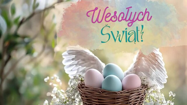 Wesołych Świąt! Wielkanocna kartka świąteczna z życzeniami na pięknym, wielkanocnym tle; koszyk z pastelowymi pisankami na tle wiosennej natury
