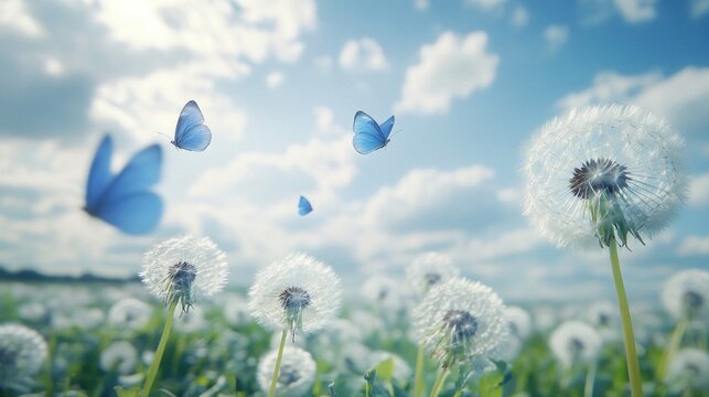 Fototapeta Whimsical butterflies flit amongst fluffy dandelion blossoms in a vibrant summer field