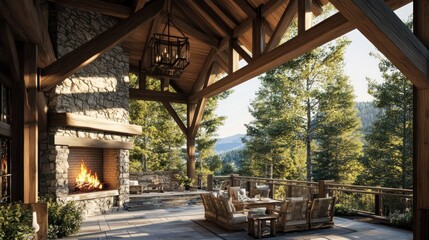 Fototapeta premium Beautiful outdoor patio with stone fireplace and scenic mountain views
