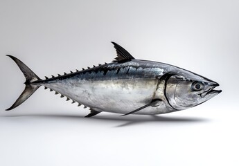 Fototapeta premium Freshly Caught Tuna Fish on a Plain Background, Showcasing Gleaming Scales and Streamlined Body, Ideal for Culinary or Aquatic Themes in Stock Photos