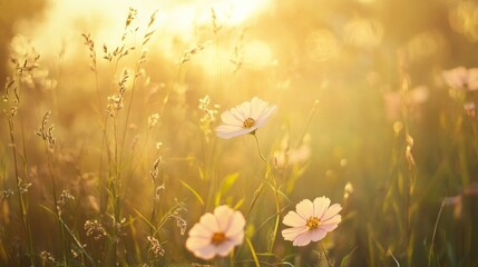 Obraz premium Wild flowers in a meadow, soft pastel colors, golden sunlight generative ai