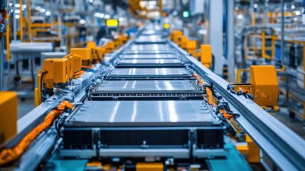 Electric vehicle production line with rows of battery cells on an assembly belt in a modern factory hall.