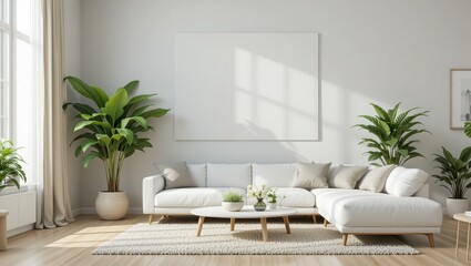 Bright And Airy Minimalist Living Room With White Sofa And Lush Green Plants