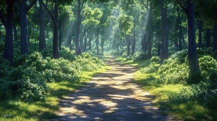 Obraz premium A sunlit forest path is leading into the distance amongst trees
