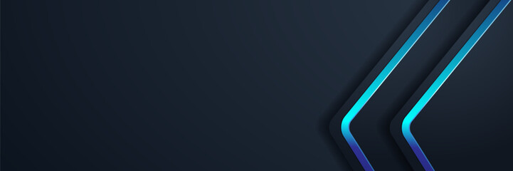 Abstract dark blue background with cyan arrows; website header