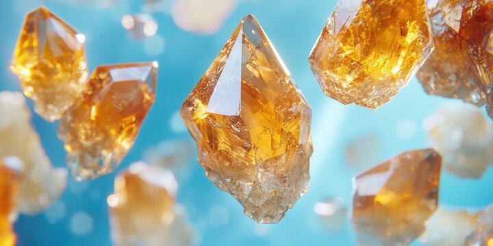 Floating topaz crystals with golden hues on a baby blue background