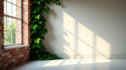 Serene Sunlight Illuminates an Empty Room with Brick Wall, Window, and Lush Greenery