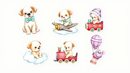 Adorable Puppy Stickers Airplane Train Hot Air Balloon Cloud