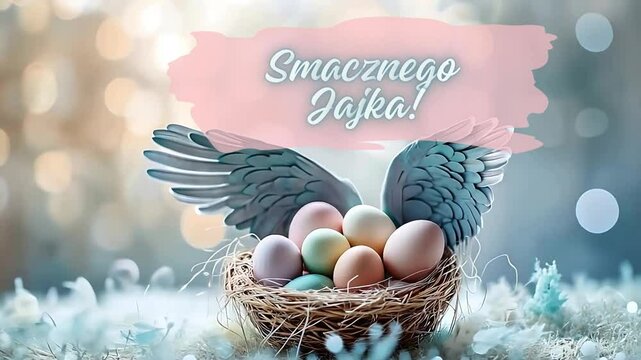 Smacznego jajka! prosta Wielkanocna kartka świąteczna z życzeniami; szykowny koszyk wiklinowy z pastelowo pomalowanymi jajkami i ochronnymi skrzydłami anioła