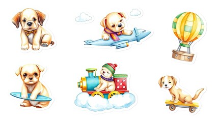 Fototapeta premium Adorable Puppies on Adventures Plane Train Hot Air Balloon Surfboard Skateboard