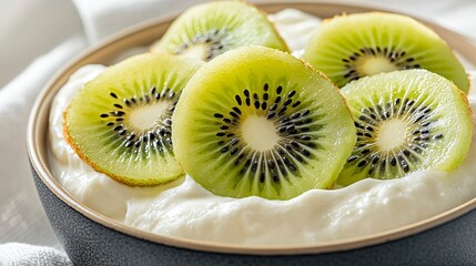 Fresh Kiwi Slices Topping Creamy Yogurt in Stylish Bowl on a Light Background