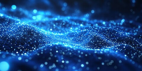 Vibrant abstract digital landscape with glowing blue particles and flowing lines