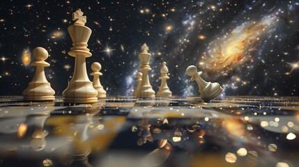 A surreal chessboard floating in space, pieces morphing into galaxies, abstract art, 4k, 16:9 6.0 - Upscaled (Subtle) by @ttkd0310 (fast)