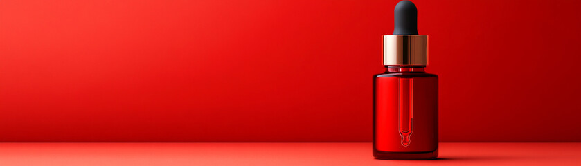 Obraz premium Stylish red bottle with dropper on a vibrant red background, perfect for branding.