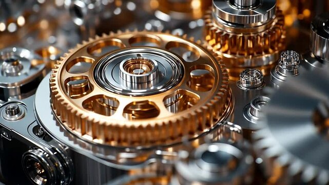 Mechanical Symphony: Intricate gears and cogs interlock in a captivating display of precision and technological artistry, reflecting the brilliance of metal surfaces.