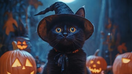 Obraz premium A black cat wearing a witch hat sits among pumpkins
