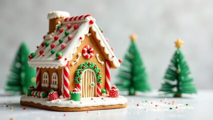 A charming gingerbread house, meticulously decorated with candy canes and colorful sprinkles, sits amidst miniature evergreen trees, creating a festive holiday scene.