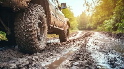 Extreme off-road vehicle navigating through muddy roads, showcasing rugged terrain and powerful performance in challenging conditions.