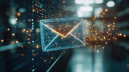 Mail envelope radiating glowing lights representing excitement and innovation in digital communication technology