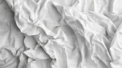 a highly detailed rendering of crumpled white paper with faint grid lines. The image should showcase the intricate texture of the folds and wrinkles