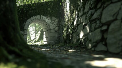 A stone archway with ivy growing on it, leading to a path through a forest.