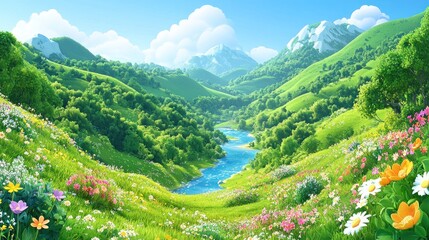 Obraz premium A beautiful scenic valley with rolling hills and a river