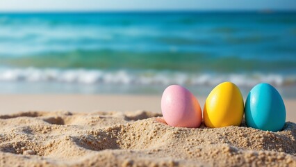 Obraz premium Easter eggs on sand beach background