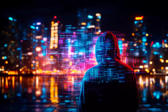 Shattered web of data lines, fragmented code forming a silhouette of a masked hacker in front of a dark city skyline, symbolizing security breach and cyber threat