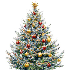 A festive Christmas tree, illustrated with artistic precision, featuring shimmering golden and red ornaments, transparent background, PNG