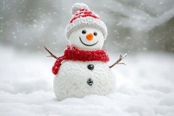 Snowman with a red scarf and a hat is smiling. The snow is white and the sky is gray