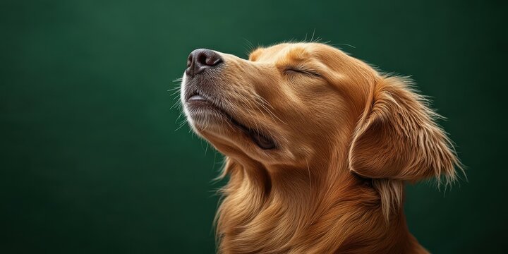 Golden retriever with eyes closed enjoying a moment of peace against a green background