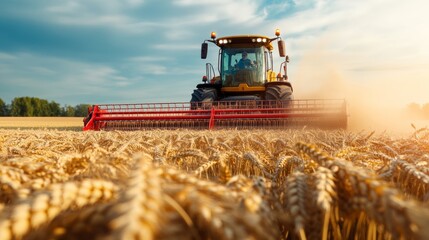 Fototapeta premium Tractor is driving through a field of wheat. The sky is cloudy and the sun is shining