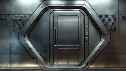 Contemporary platinum doorway, steel-toned backdrop.