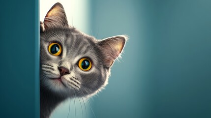 Cat with yellow eyes peeking out from behind a door. The cat's eyes are wide open, and it is curious about what is on the other side of the door