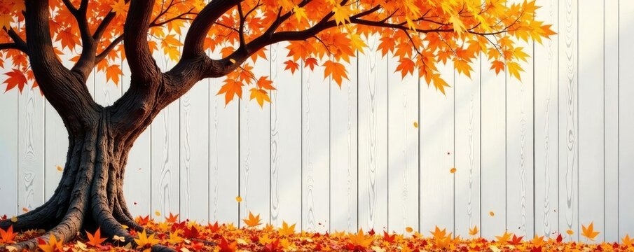 Twisted tree branches in autumnal hues against a soft white wood backdrop, fall landscape, natural scenery