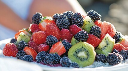 Obraz premium Colorful Fresh Fruit Salad with Strawberries, Blackberries, Kiwis, and Raspberries on a Bright Plate