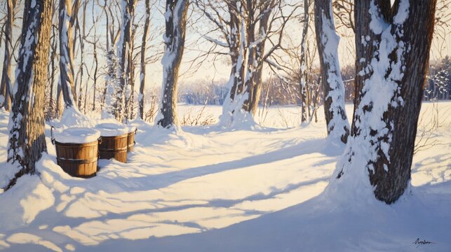 Snow-covered maple trees with spiles
