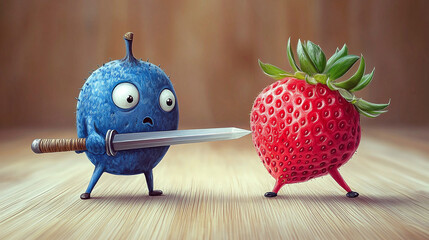 Blue fruit with sword faces red fruit with strawberry fruit character on wood surface in an imagined fruit face off. The fruit face each other in the funny scene