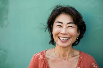 Fototapeta premium Portrait of a smiling asian woman in her 40s laughing on soft green background
