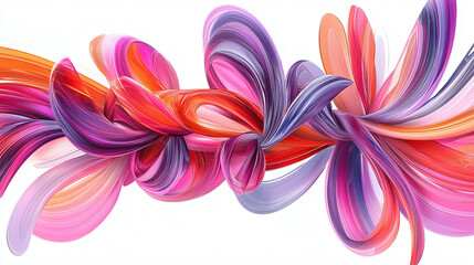 Fototapeta premium Abstract ribbons intertwine, swirling with vibrant shades of pink, purple, and orange against a stark white backdrop. A dynamic display of color and form.