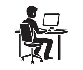 Businessman working on laptop. Working from home: remote job illustration. Computer desk setup a workplace icon.