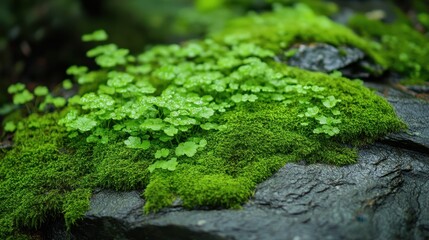Lush Green Moss Growing on Dark Rock Close Up