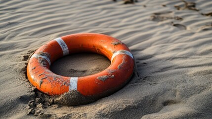 Lifebuoy Partially Buried in Sand at Beach After High Tide Revealing Coastal Elements and Natural Textures