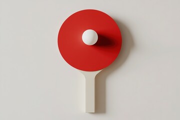Red Ping Pong Paddle with White Ball on White Background Minimalist Sports Design
