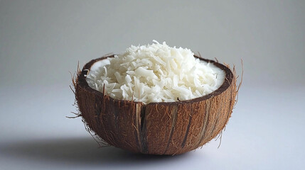 Coconut Half Shell with Shredded Meat. The tropical fruit is a popular addition to desserts. Its texture is both chewy and crunchy, bringing different flavors.