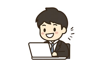 A cheerful office worker smiling and using a laptop, dressed in a business suit, in a minimalist style with simple lines.