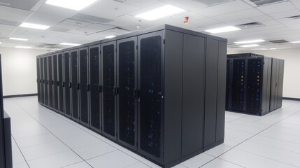Modern Data Center: Rows of Servers in a High-Tech Facility