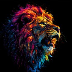 An abstract, colorful lion portrait painted in vibrant, mixed-media style with bright, energetic colors against a black background.