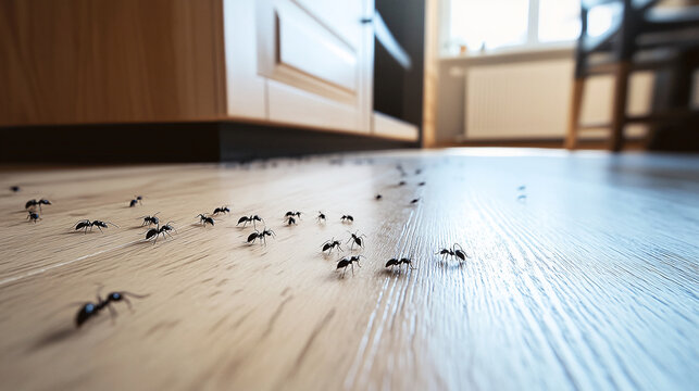 Ant infestation in home: A trail of ants crosses a hardwood floor, indicating a potential pest problem inside a residential space. Prompt attention needed.